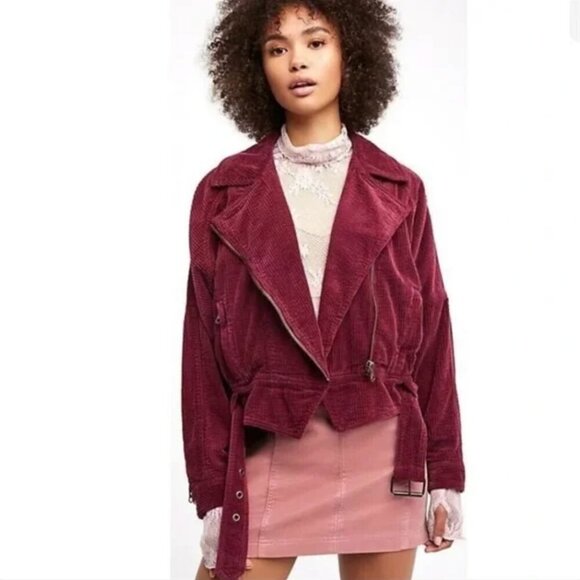 Free People Dolman Corduroy Moto Jacket Asymmetrical Zipper Boho‎ Burgundy - Picture 1 of 9